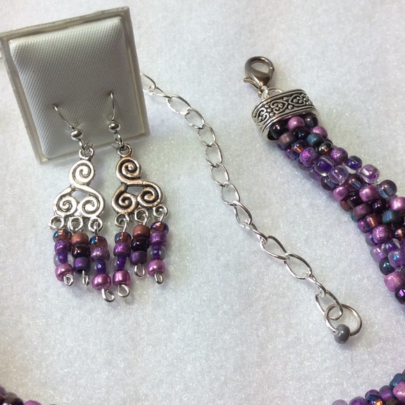 FINAL SALE PRICE Crazy AB Purple Woven Beads Choker/Necklace & ER's - Picture 2 of 3