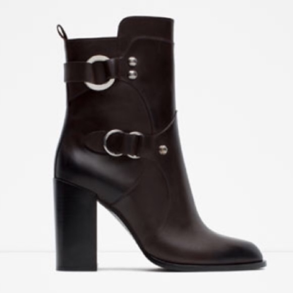 Zara - Leather heel booties, 38 EUR, 7.5 US