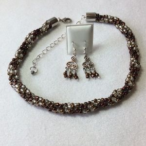 FINAL SALE PRICE Coppery Brown Woven Bead Choker/Necklace & ER Set