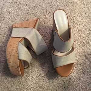 Adorable canvas wedges w/ cognac leather trimming