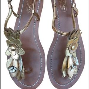 Coach Gold & Brown & Leather Flower Detail Flats