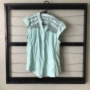 Teal blouse with lace design