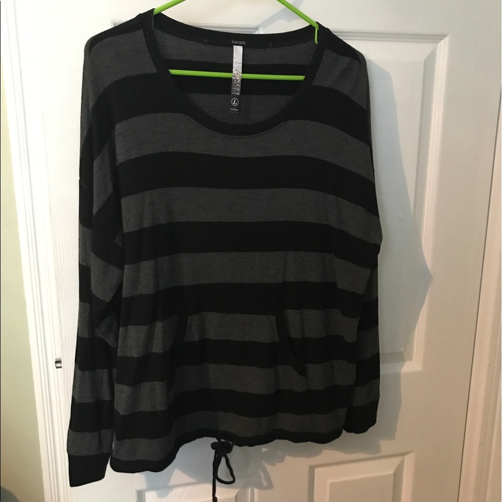 Large Kensie Black Gray Striped Top Drawstring