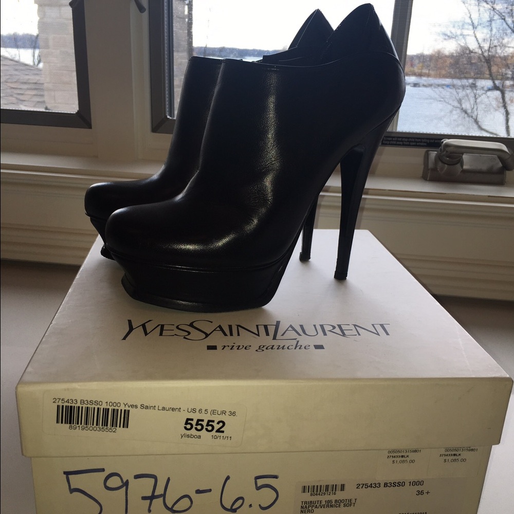 YSL Tribute leather ankle platform bootie, 36.5