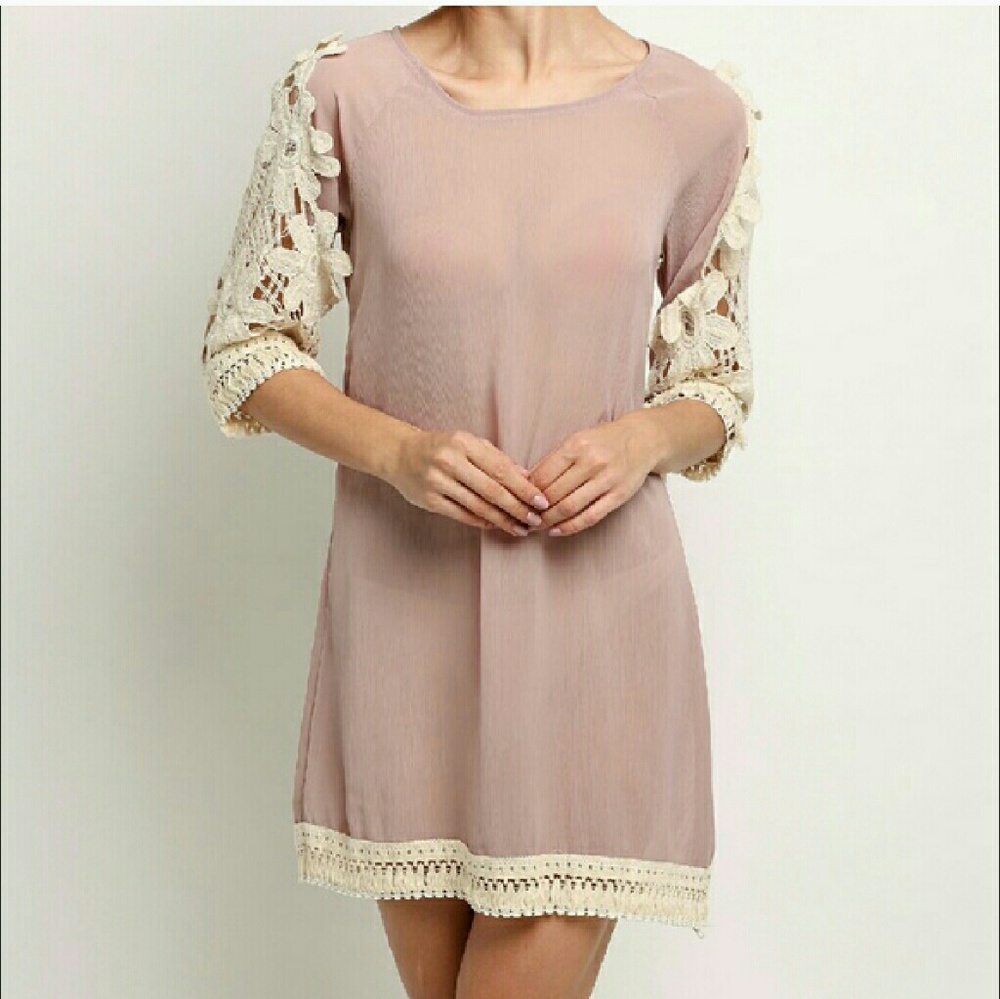 Dark beige boho dress with white crochet sleeves