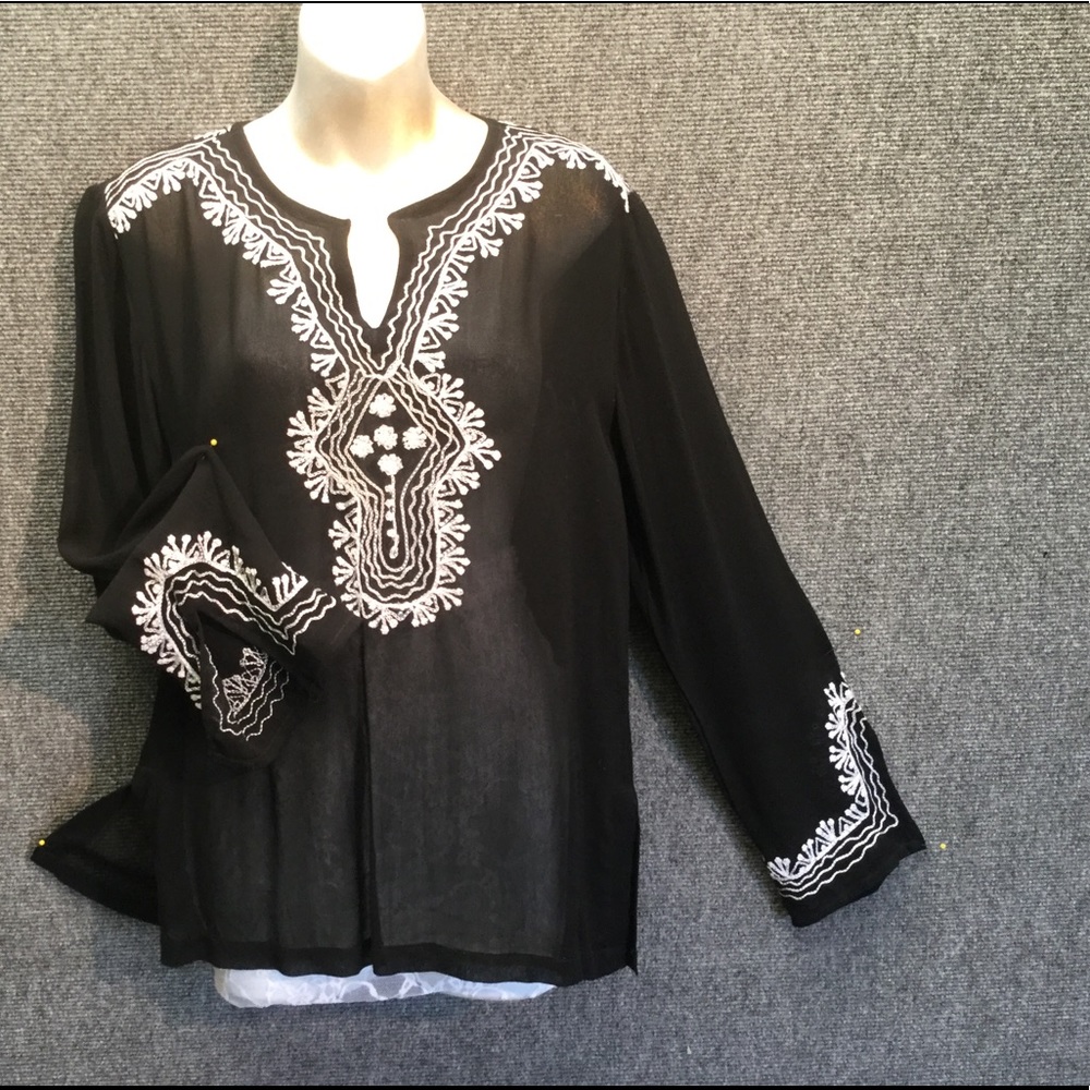 Sheer rayon tunic w/ embroidered beaded white trim