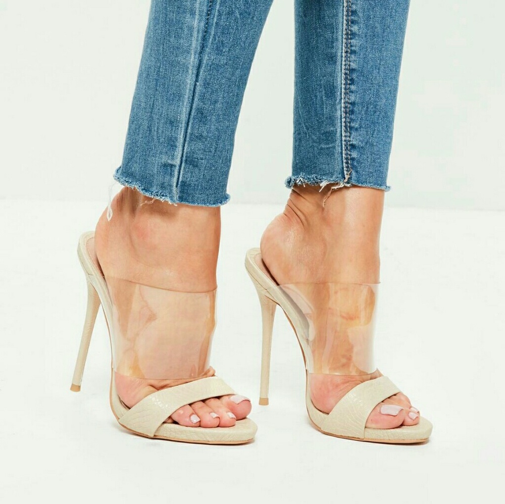 Nude clear strap Snake pattern heeled mule sandals