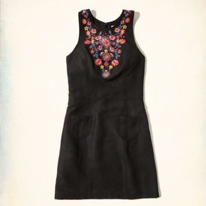 Black floral embroidered suede dress