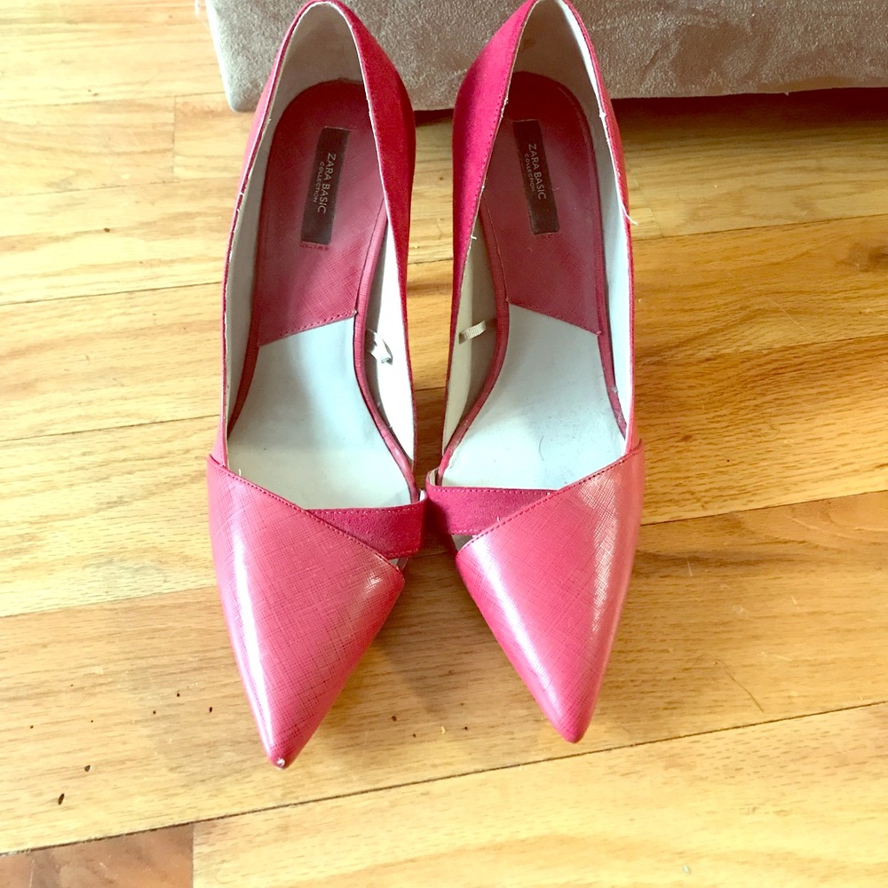 Zara Red Leather and Suede Contrast Court Shoe