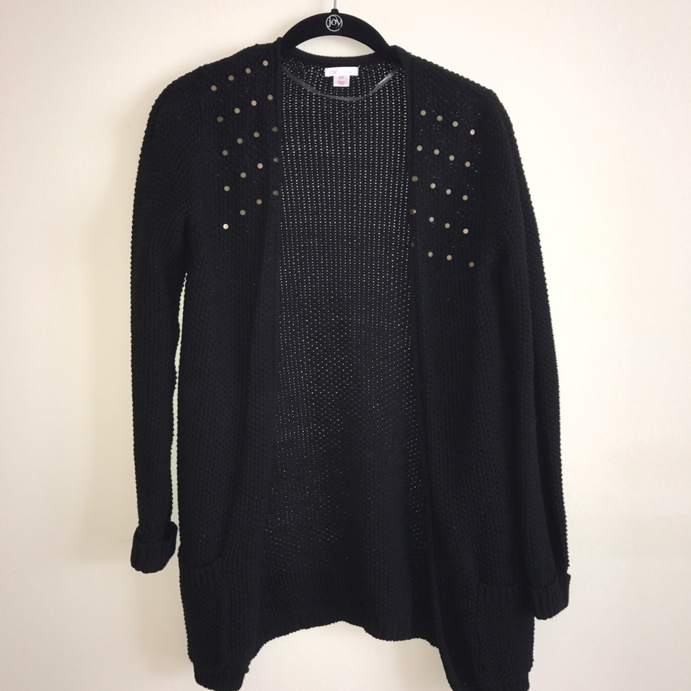 Long black cardigan with gold studs