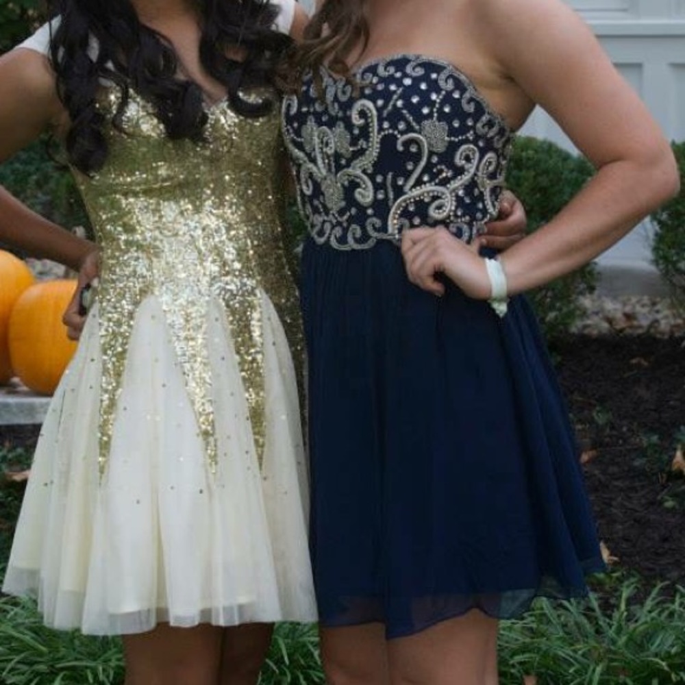 Navy Embellished Strapless Dress