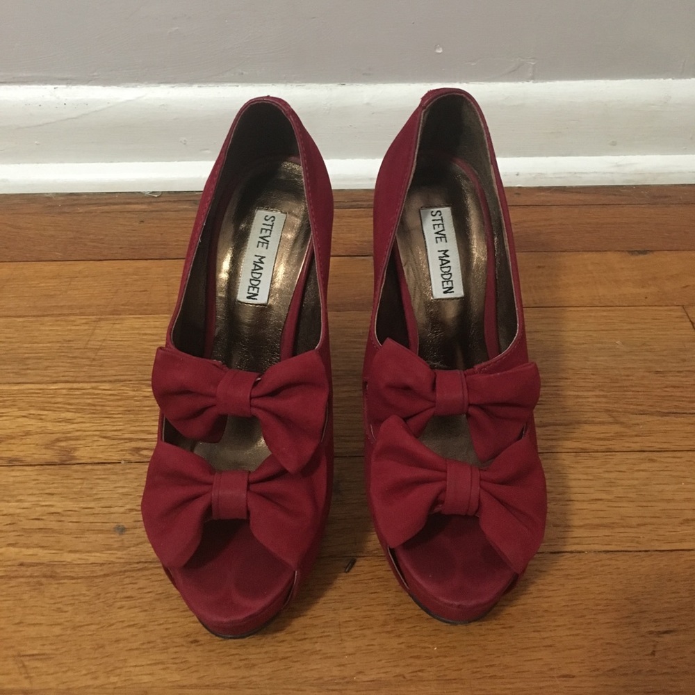Red suede bow heels. WORN TWICE