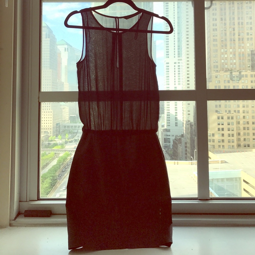 Zara sheer top and eco-leather skirt