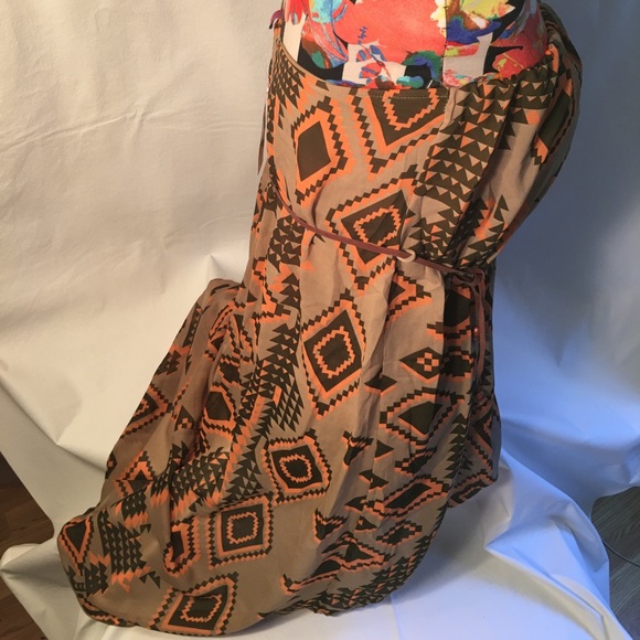 Tan, coral & olive hi-lo chiffon strapless dress - Picture 3 of 4