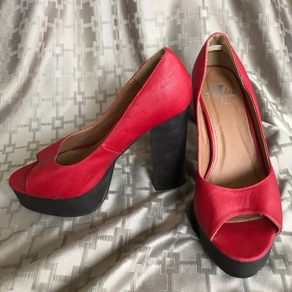 Red platform peep-toe heels