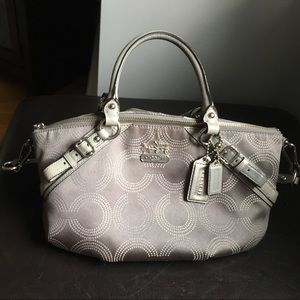 Gray and silver small coach purse