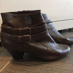brown buckle kitten heel booties