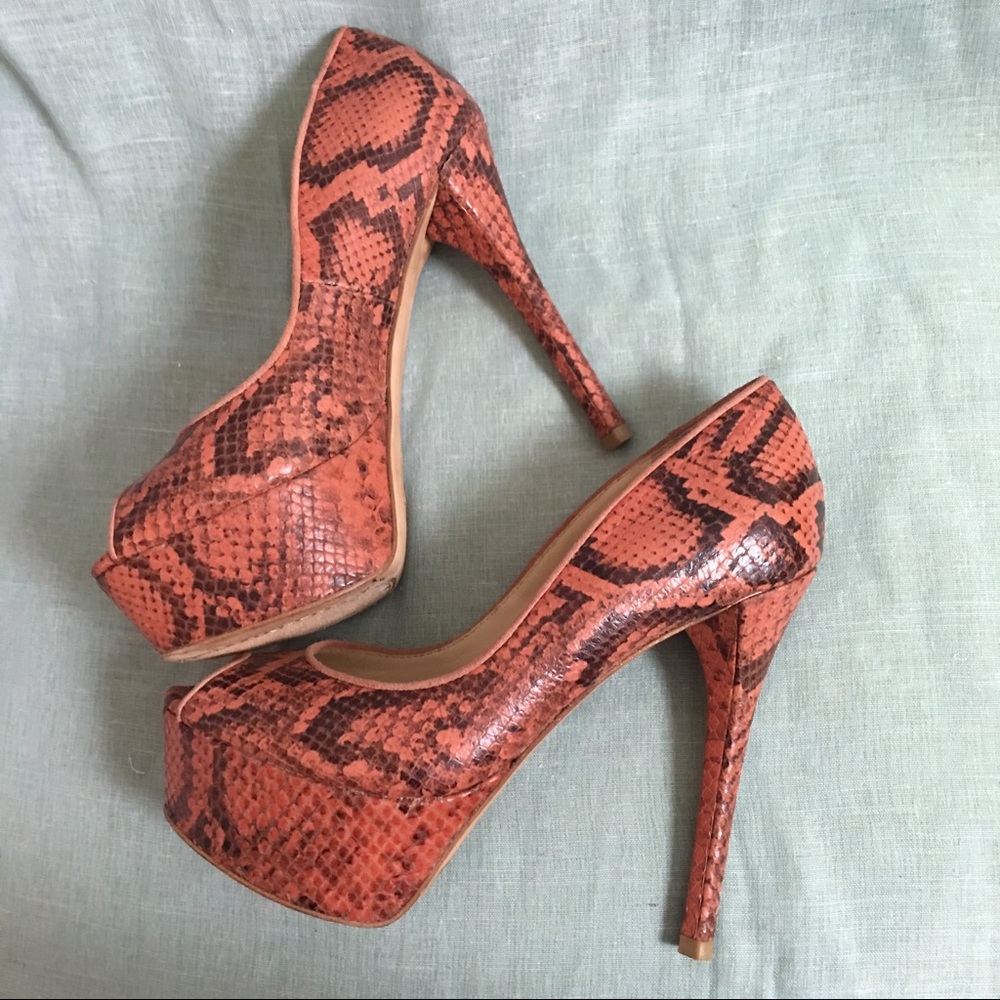 Brian Atwood Snake Leather Peep Toe Platform Pumps
