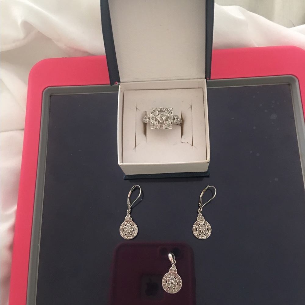 Zales sterling silver earrings, pendant and ring