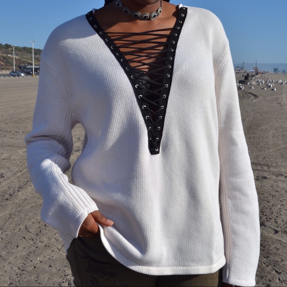 Ivory knitted lace-up sweater