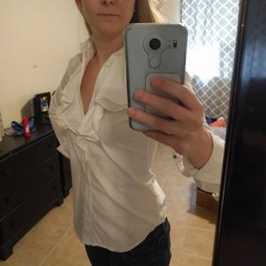 White Ralph Lauren ruffle front button down