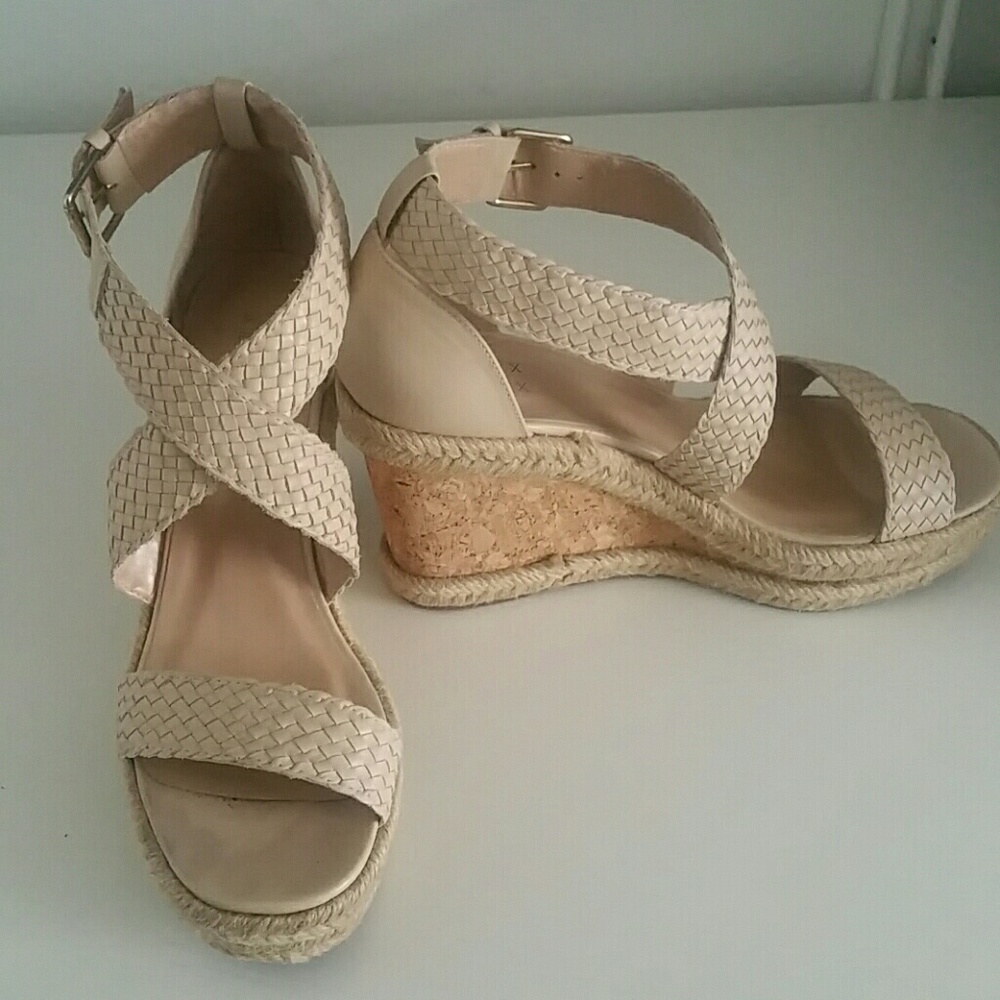 Alex + Alex beige leather and cork.wedge sandal.