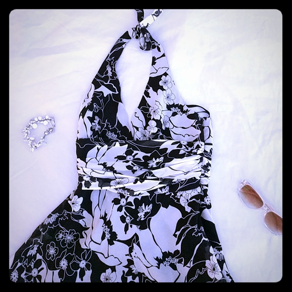 Black and White floral BCBG halter dress