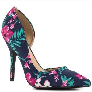 NIB navy and floral orsac heels sz 8.5