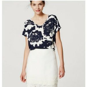 Loft monochrome floral mixed media top in navy