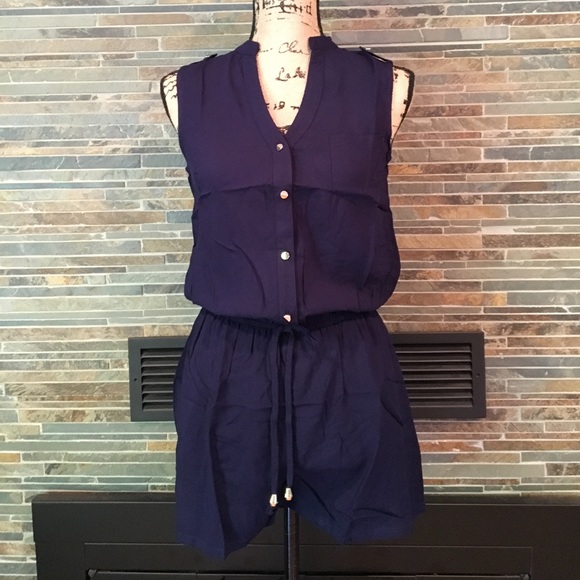Navy Blue Button Closure Romper - Picture 2 of 5