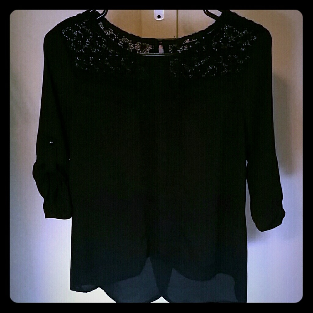 Sheer black blouse, v slit open back