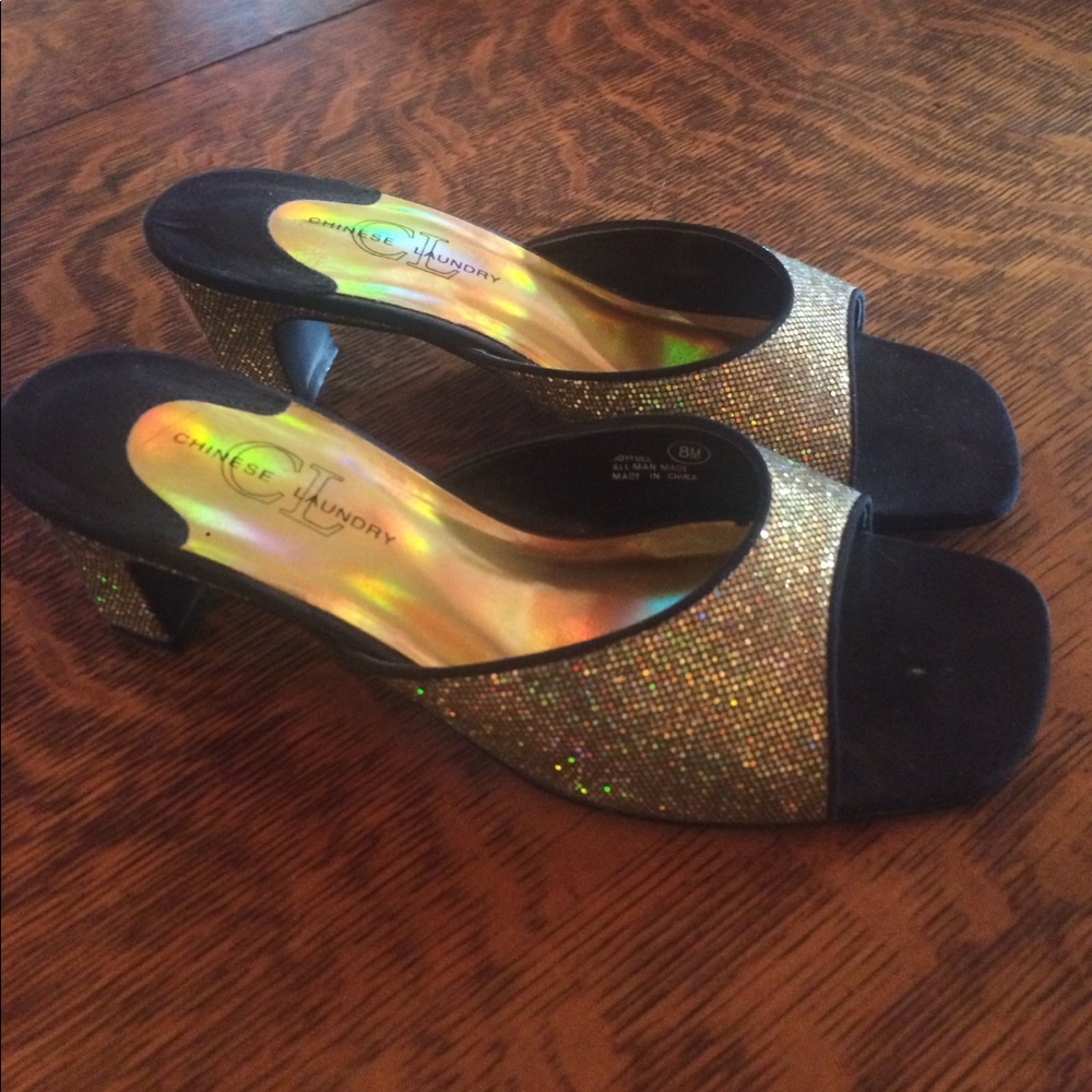 Chinese Laundry gold & black mules.