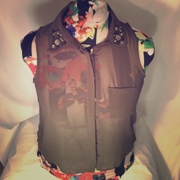 Olive sheer sleeveless open draped back hi-lo top - Picture 1 of 5