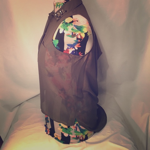 Olive sheer sleeveless open draped back hi-lo top - Picture 4 of 5