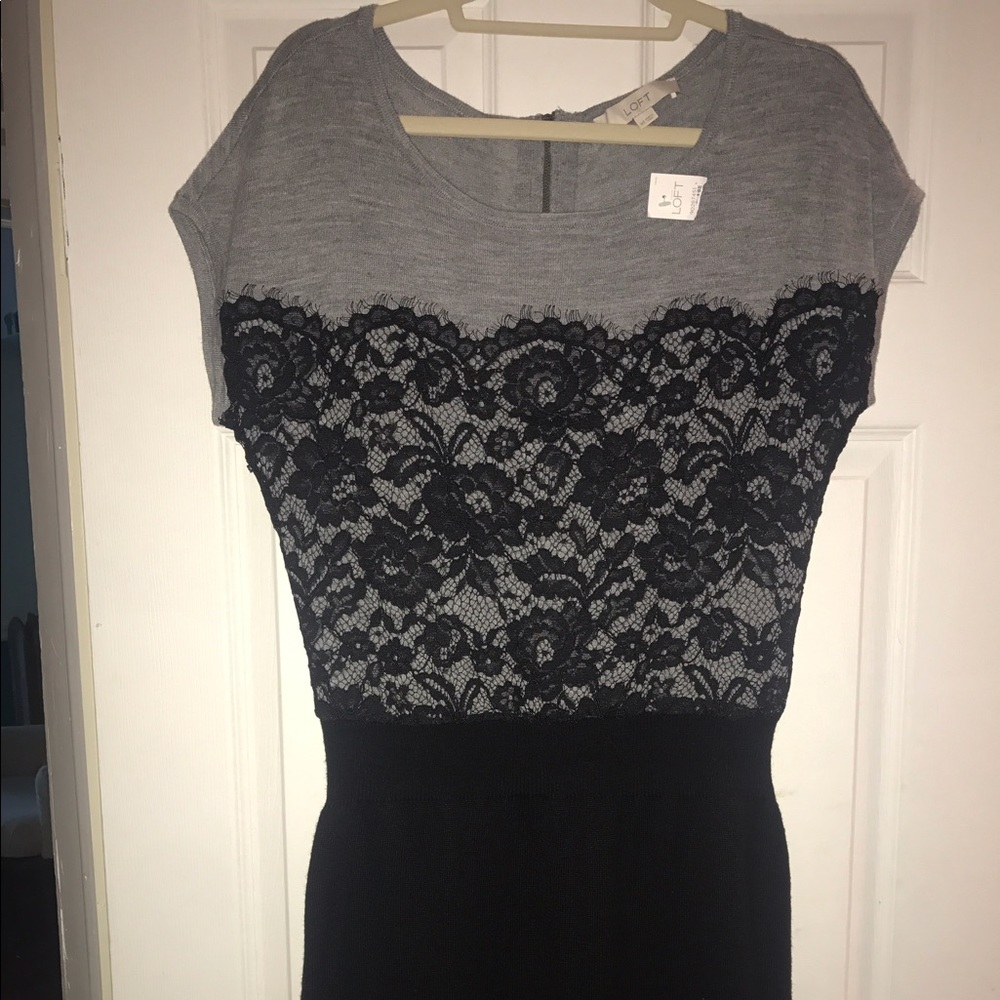 New loft black grey lace drop waist dress