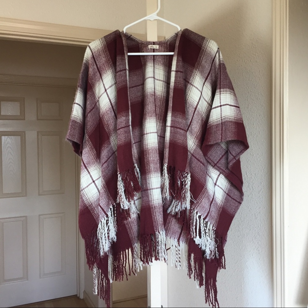 Maroon plaid poncho