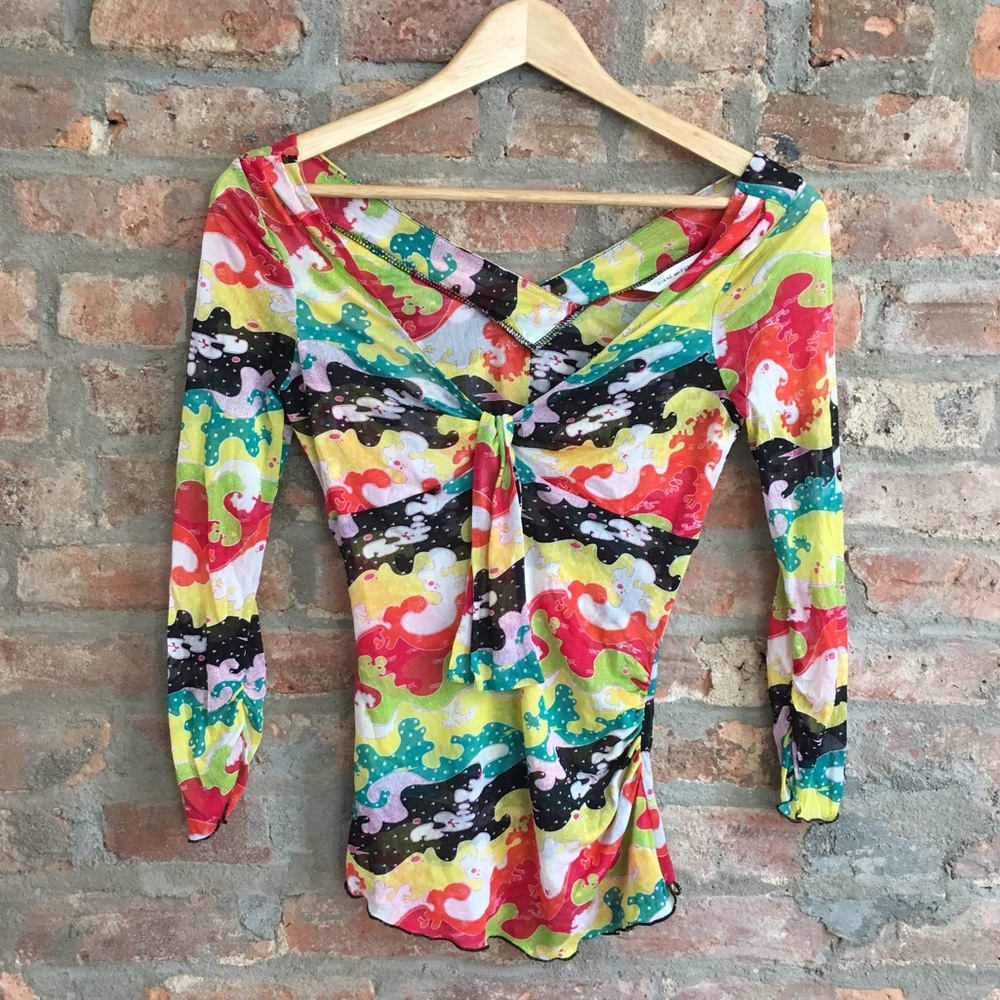 DVF Silk Multi Color V-neck Print Top