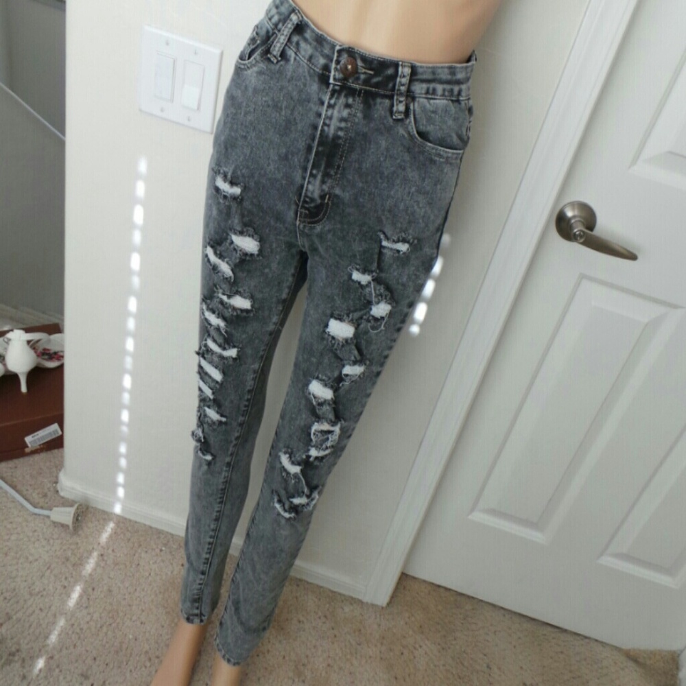 High waist ripped jeans grey