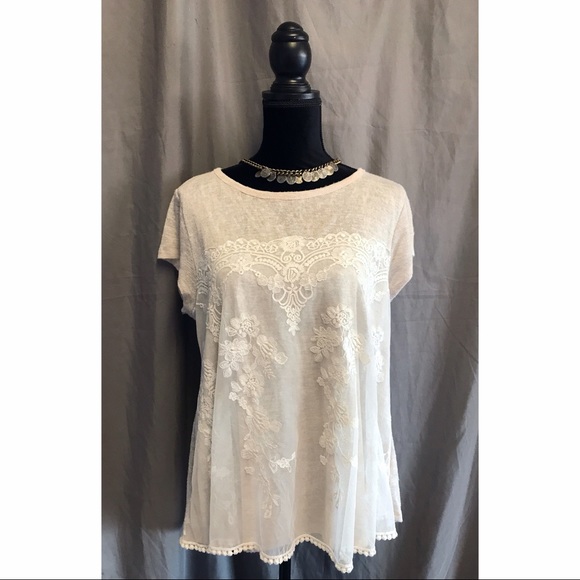 Rewind Tops - Cream Knit & Lace Boho Short Sleeve Top XL