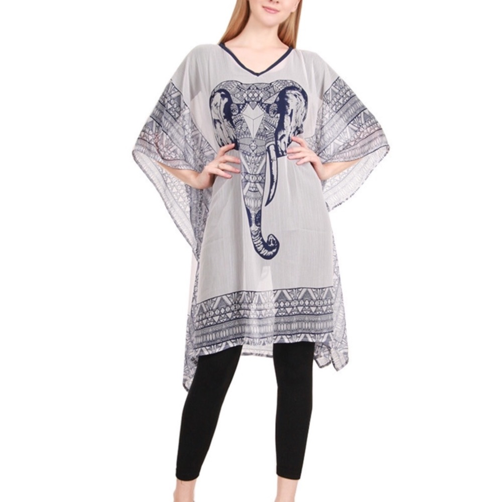 Navy Elephant Chiffon Kaftan Poncho