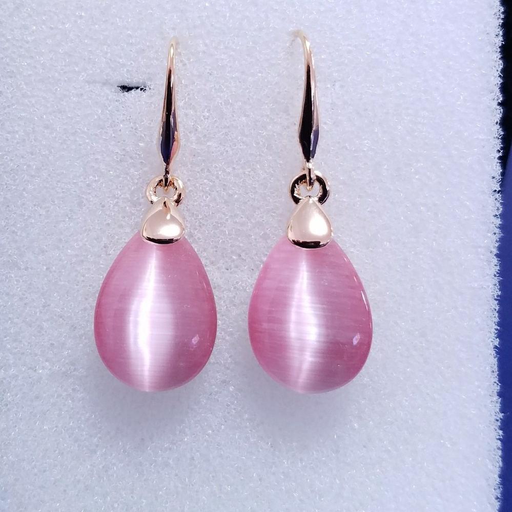 Gold plated pink cat eye stone drop earrings