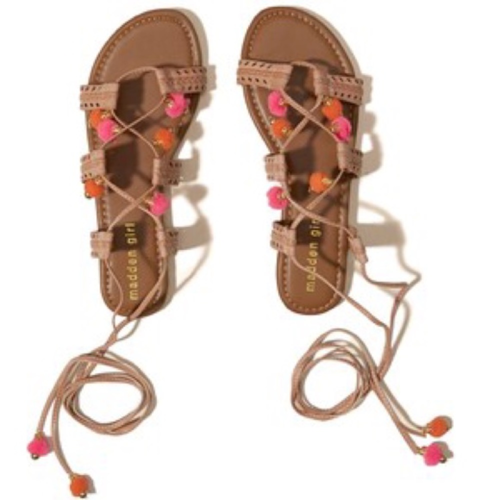 Madden Girl Baliee Pom Pom Sandals Strappy 7.5