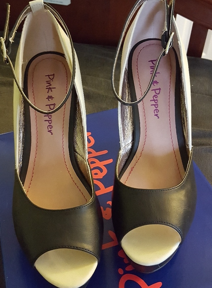 Black and beige heels