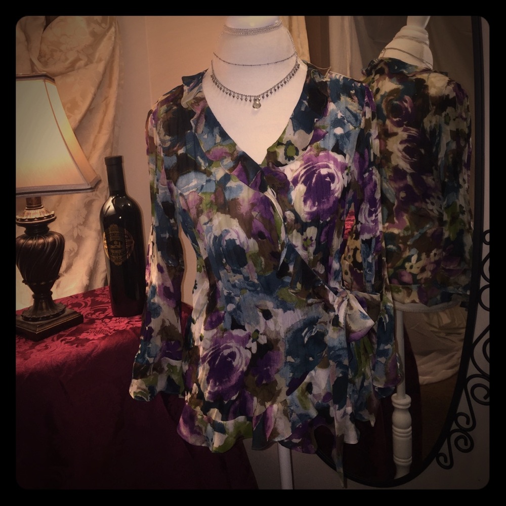 Watercolor, ruffled, side tie shirt.