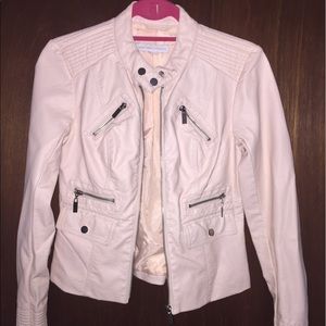 Pink faux leather jacket.