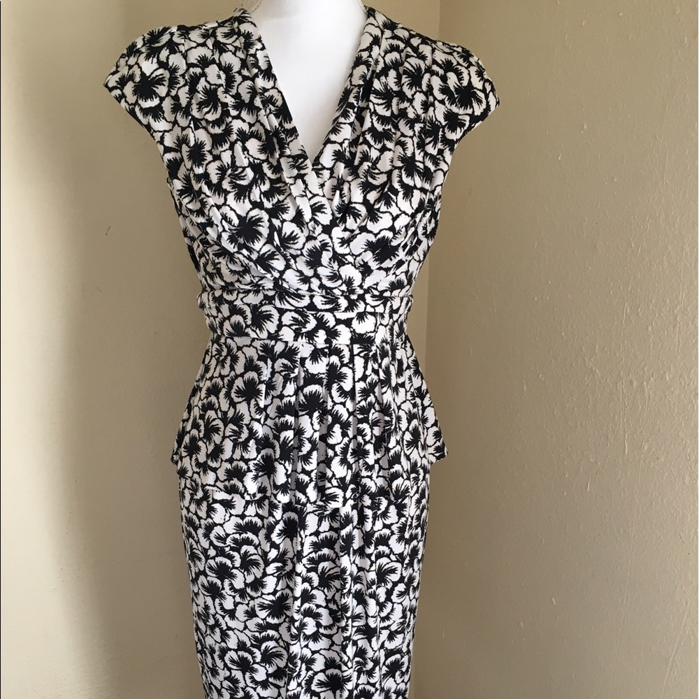Black and white Floral peplum print midi dress
