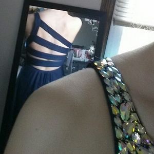 Navy Blue Open Back Prom Dress