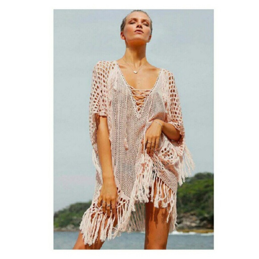 NWT Fringe Blush Pink Crochet Kaftan