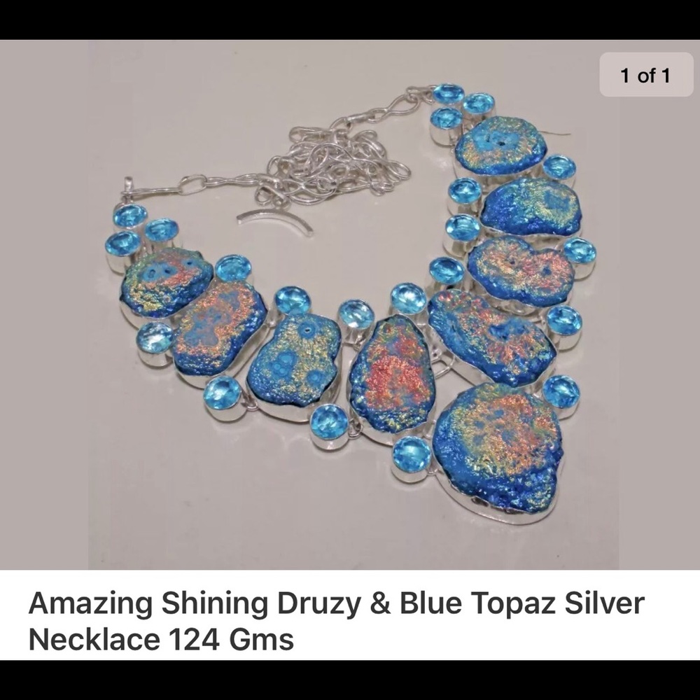 Druzy and Swiss Blue Topaz Necklace