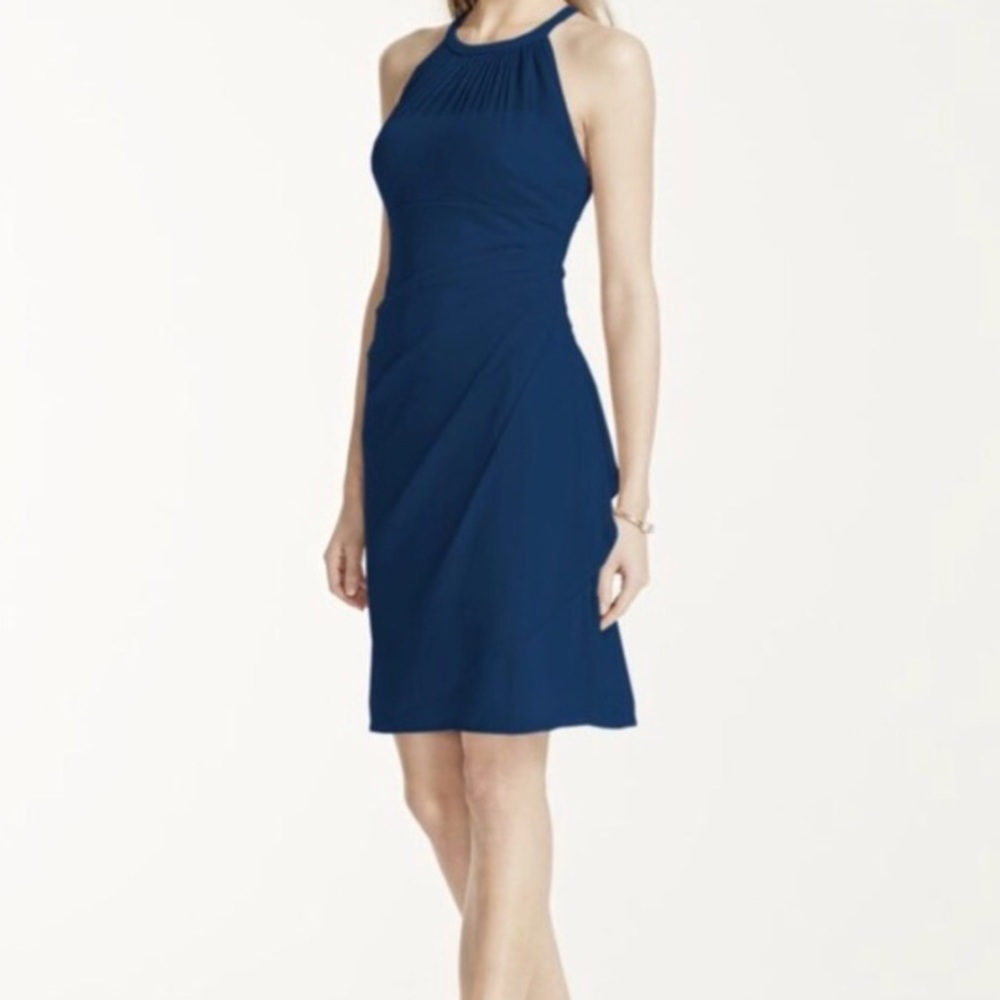 DAVIDS BRIDAL Rounded Mesh Neck Cascading Dress